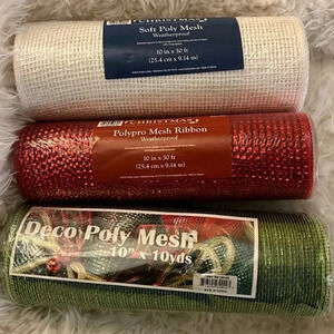NEW DECORATIVE POLYPRO MESH RIBBON - RED WHITE GREEN‎